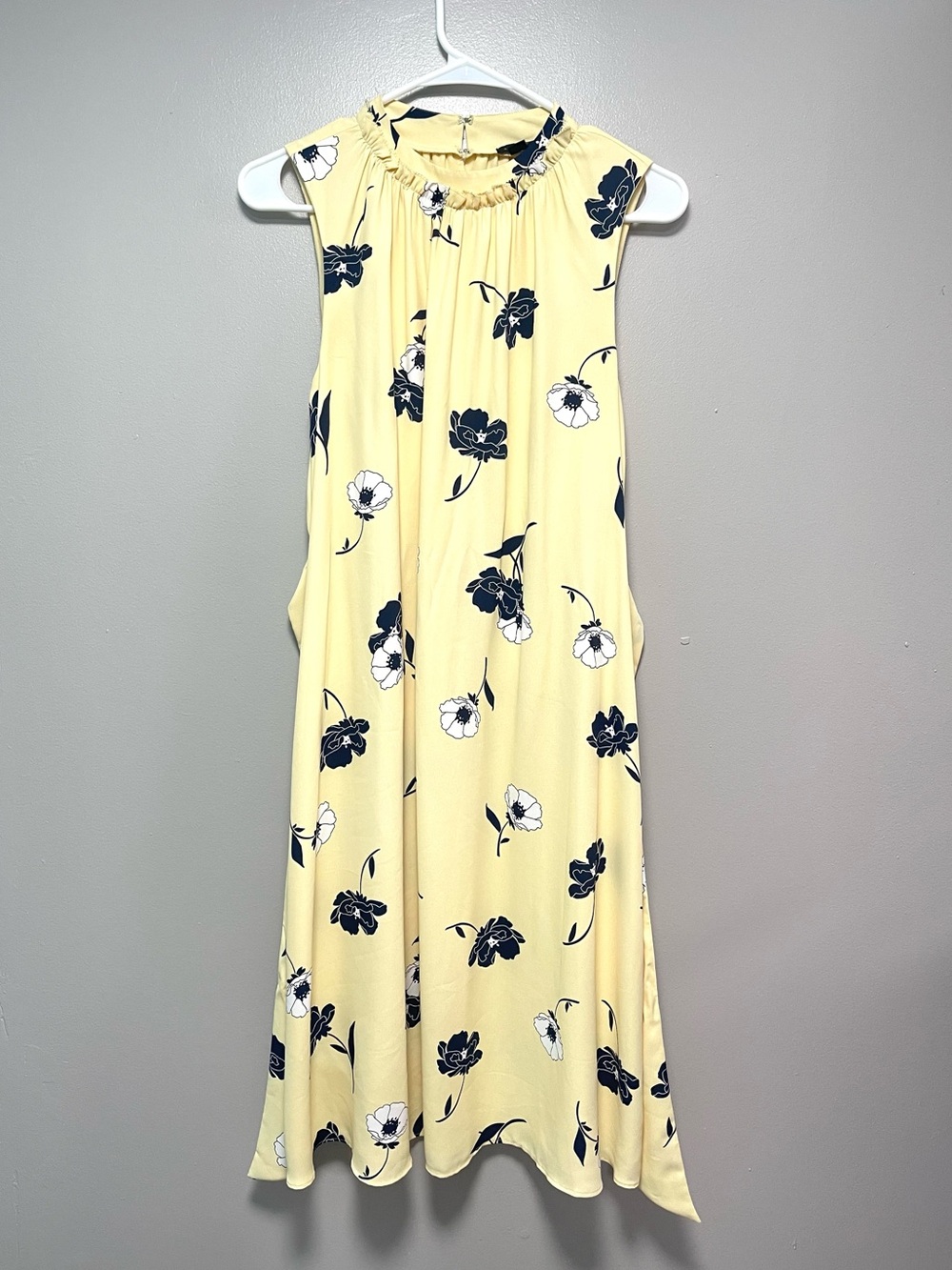 Ann Taylor Butter Yellow Midi Dress with Floral Print and Tie Detail